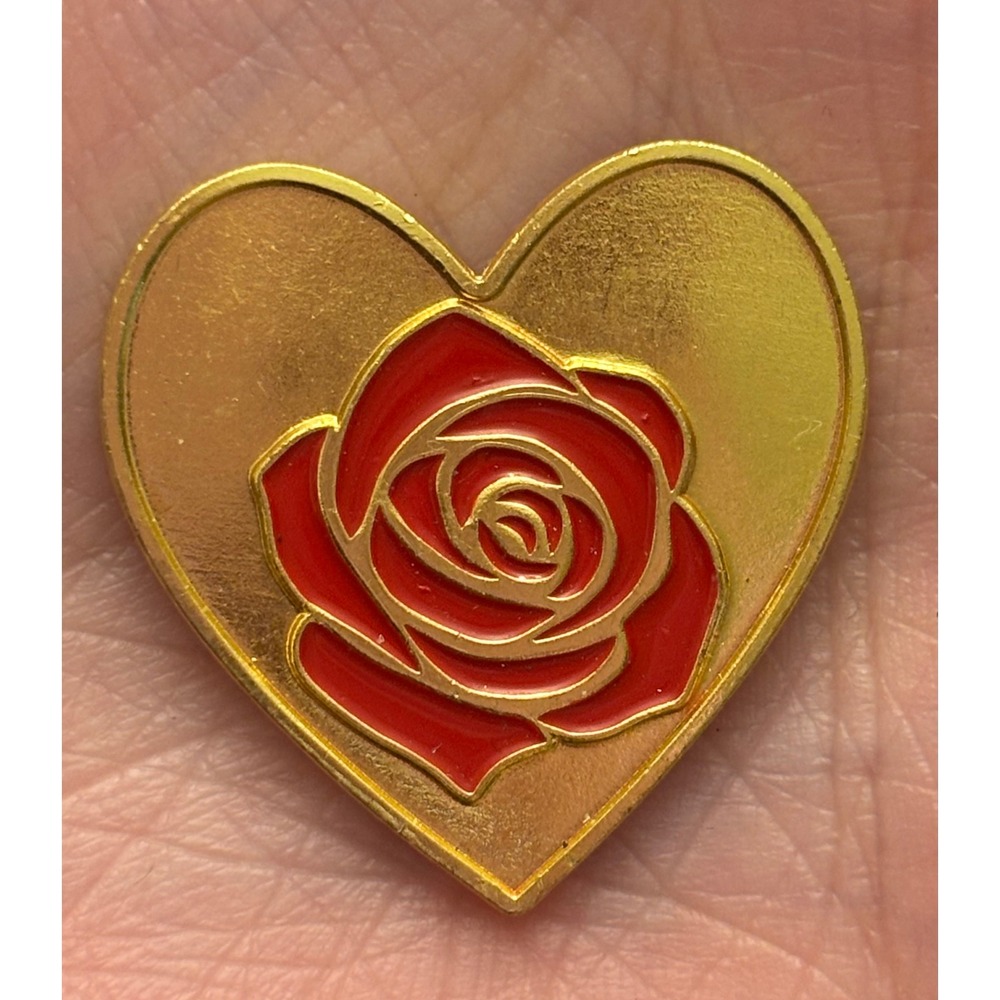Vintage Heart Enamel Rose Parade Pin Red Floral Romantic Gold Tone